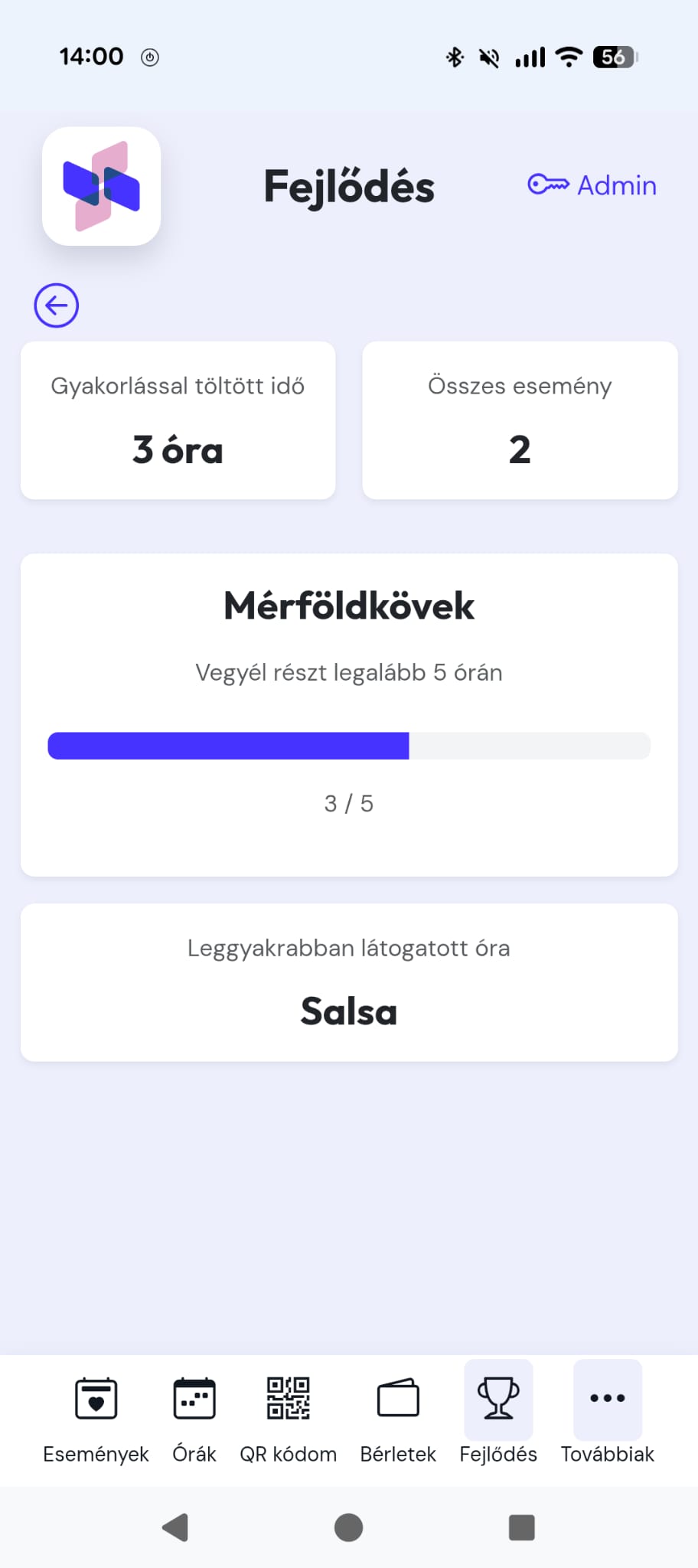 Képernyőkép a DancePass alkalmazásból