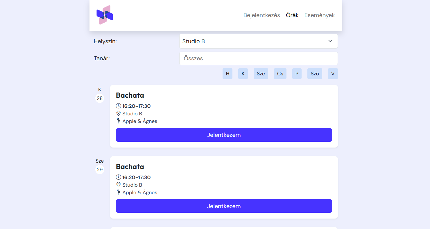 Képernyőkép a DancePass alkalmazásból - jelenléti ívek
