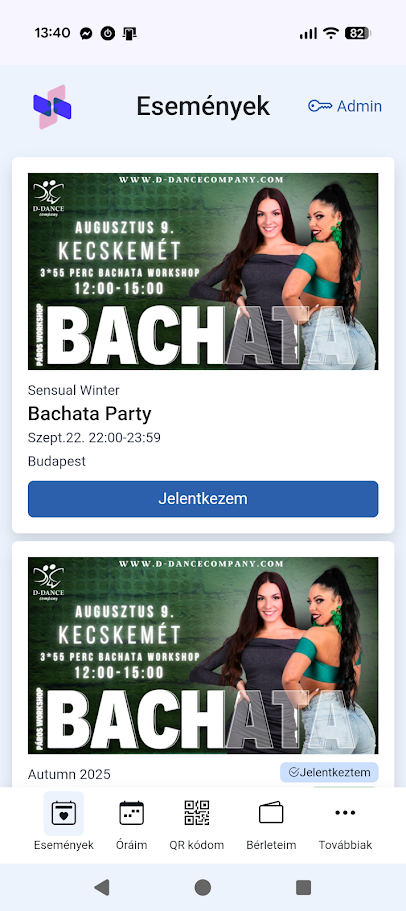 Képernyőkép a DancePass alkalmazásból - Események