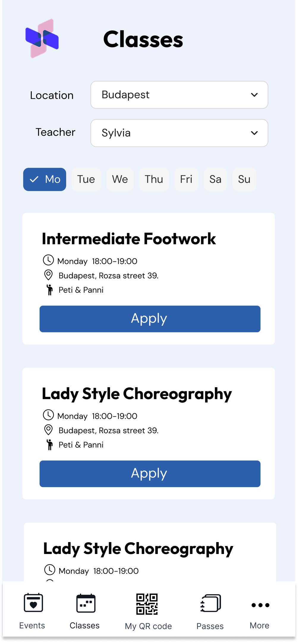 Képernyőkép a DancePass alkalmazásból - Események