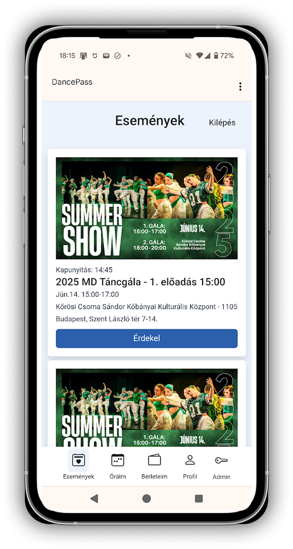 Képernyőkép a DancePass alkalmazásból