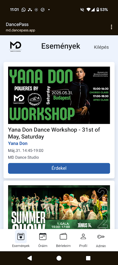 Képernyőkép a DancePass alkalmazásból
