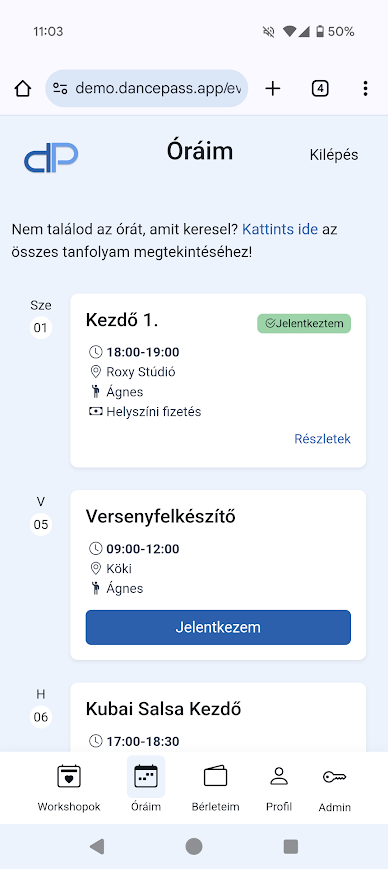 Képernyőkép a DancePass alkalmazásból